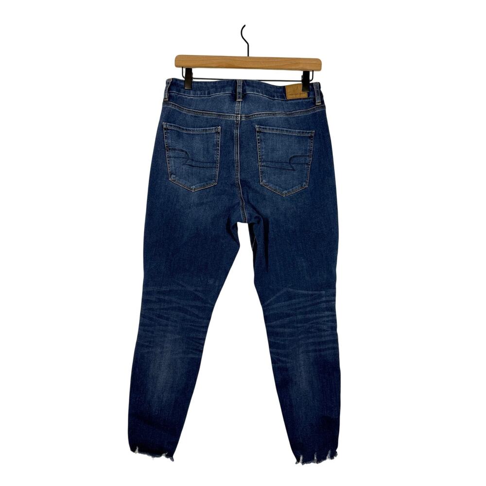 American Eagle Curvy Hi Rise‎ Jeans Size 12 Short Blue Denim Distressed Jegging - Picture 2 of 10